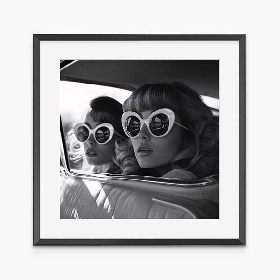 Heart Sunglasses Vintage Black White 1960s Car Girls Photography Poster