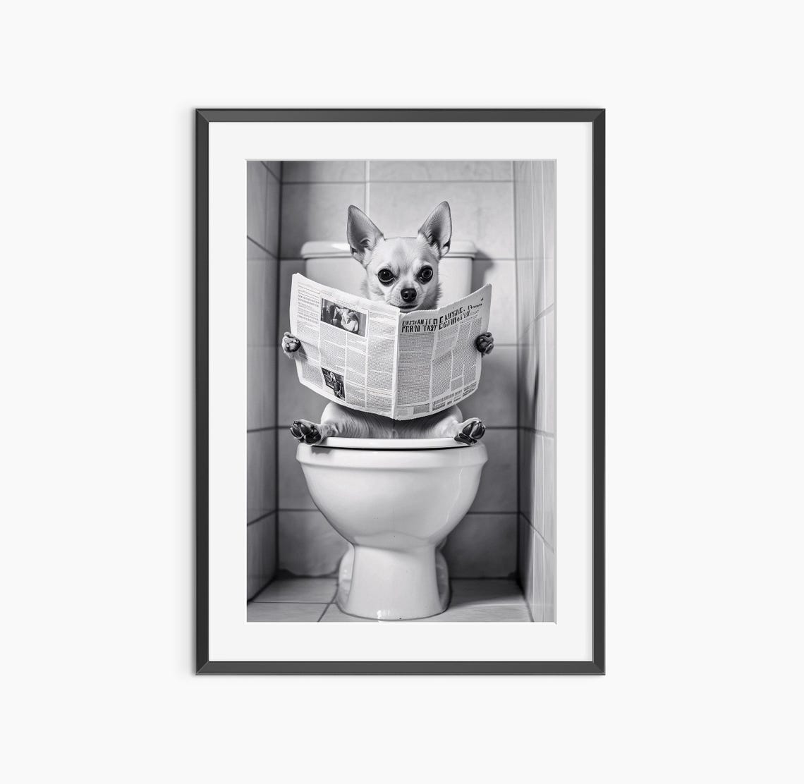 Funny Chihuahua Reading Newspaper On Toilet Black White Humor Print