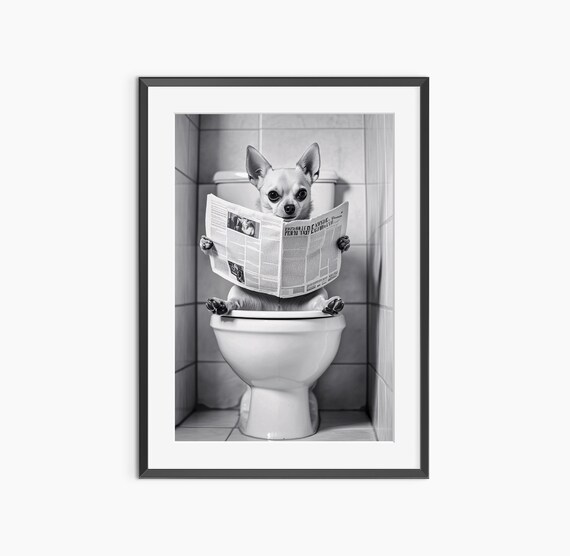 Funny Chihuahua Reading Newspaper On Toilet Black White Humor Print