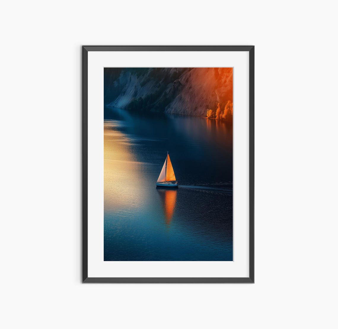 Sailboat At Sunset Deep Blue Lake Golden Reflection Photo Print