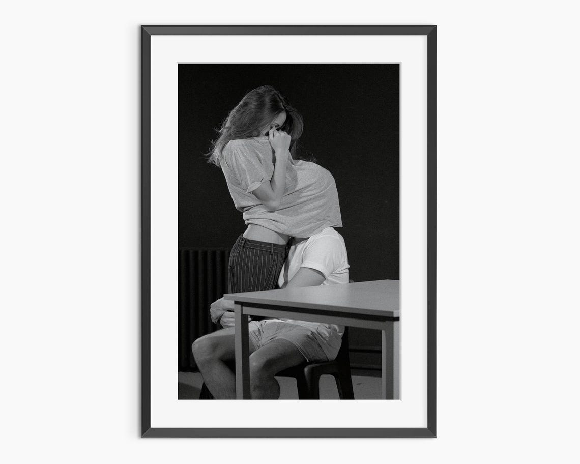 Black And White Romantic Couple Embrace Modern Photography Print
