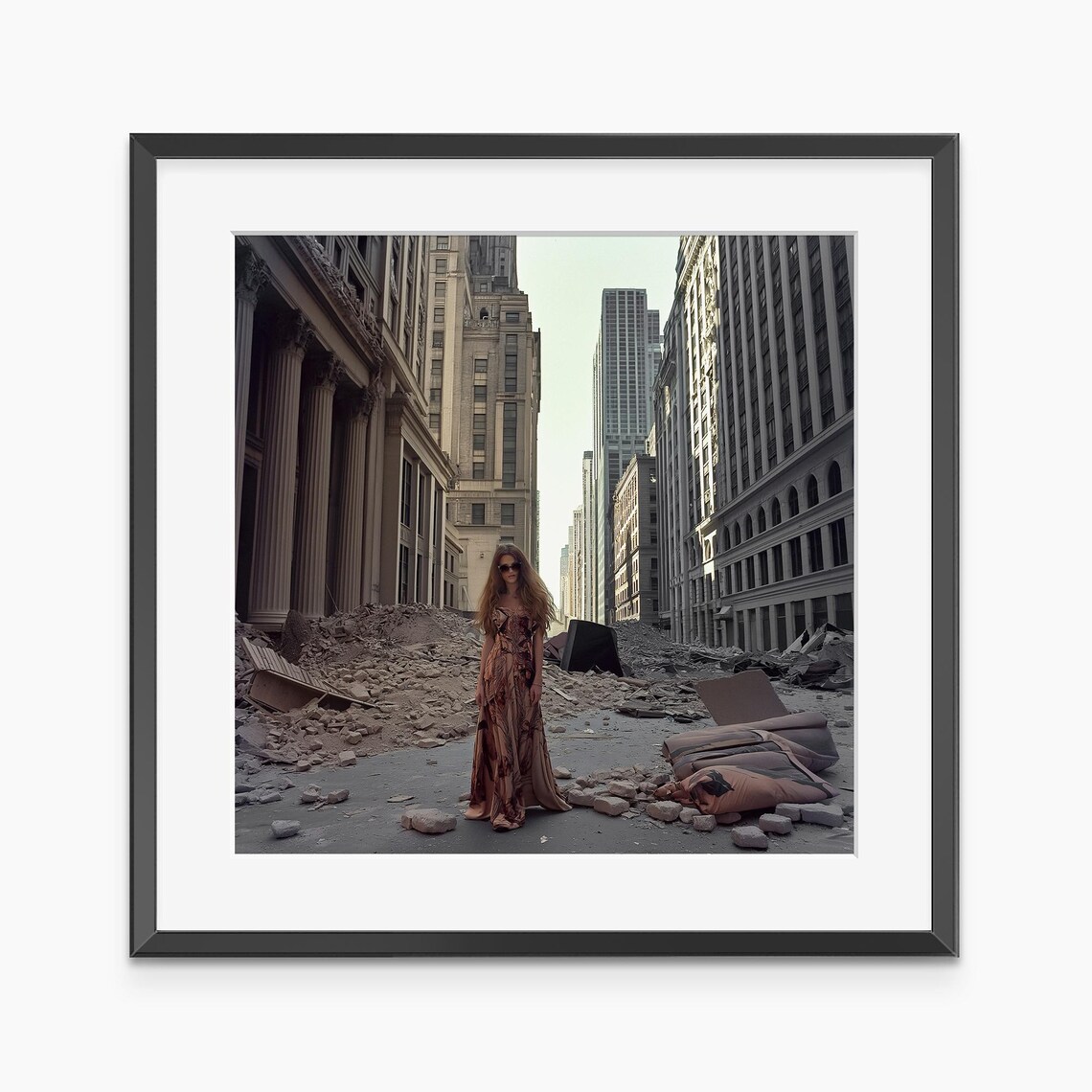 High Fashion Woman In Gown Among City Ruins Editorial Photo Poster