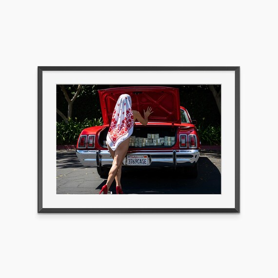 Woman at Red Muscle Car Trunk Full of Cash Edgy Fashion Photo Poster