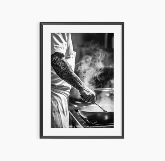 Tattooed Chef Cooking Black And White Kitchen Photography Poster