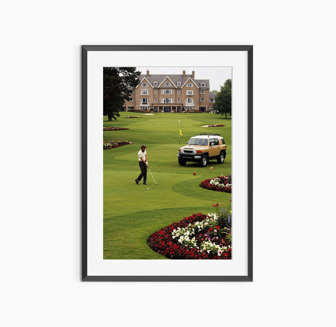 Golfer Putting on Manicured Green Vintage SUV Clubhouse Golf Lifestyle Poster