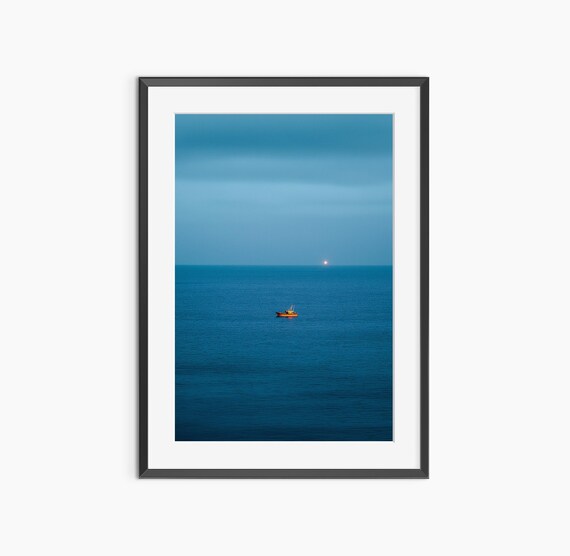 Lone Boat on Vast Blue Ocean Minimalist Seascape Photo Poster