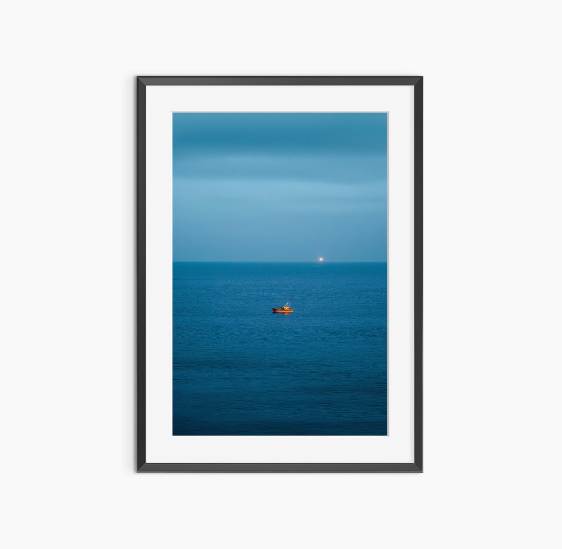 Lone Boat on Vast Blue Ocean Minimalist Seascape Photo Poster