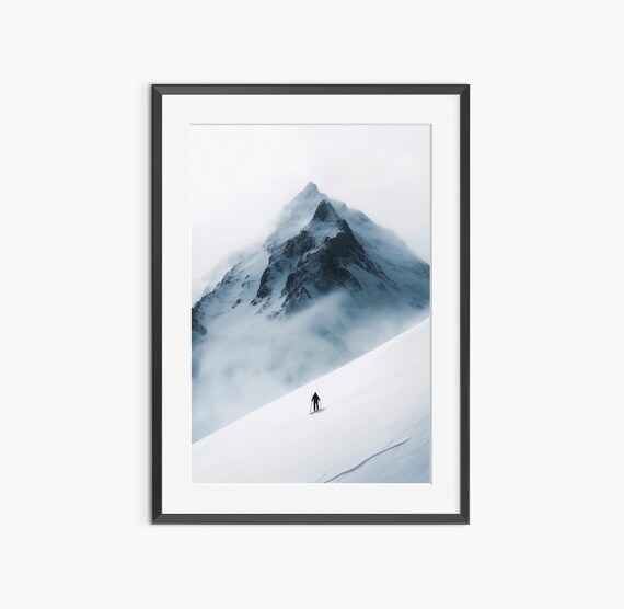Lone Skier On Pristine Slope Dramatic Snowy Mountain Peak Photo Poster
