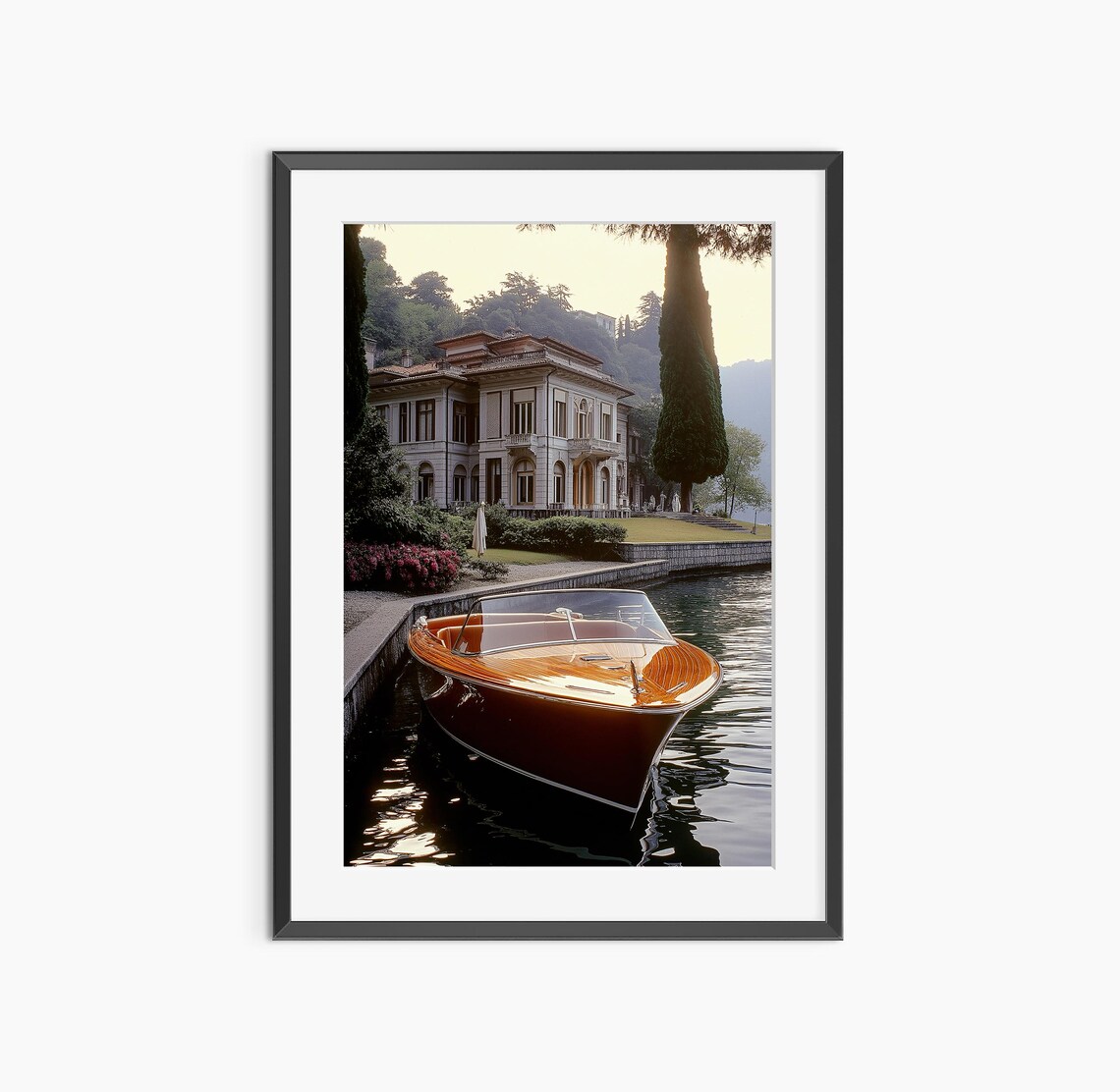 Classic Wooden Speedboat Moored At Grand Lakeside Villa Summer Poster
