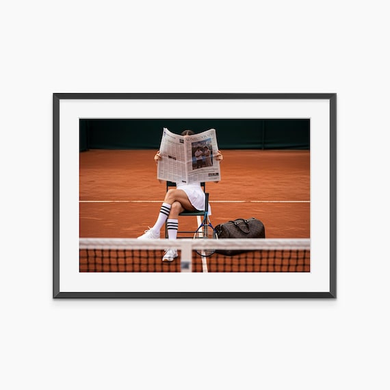 Woman Reading Wimbledon News on Clay Tennis Court Sports Photo Poster
