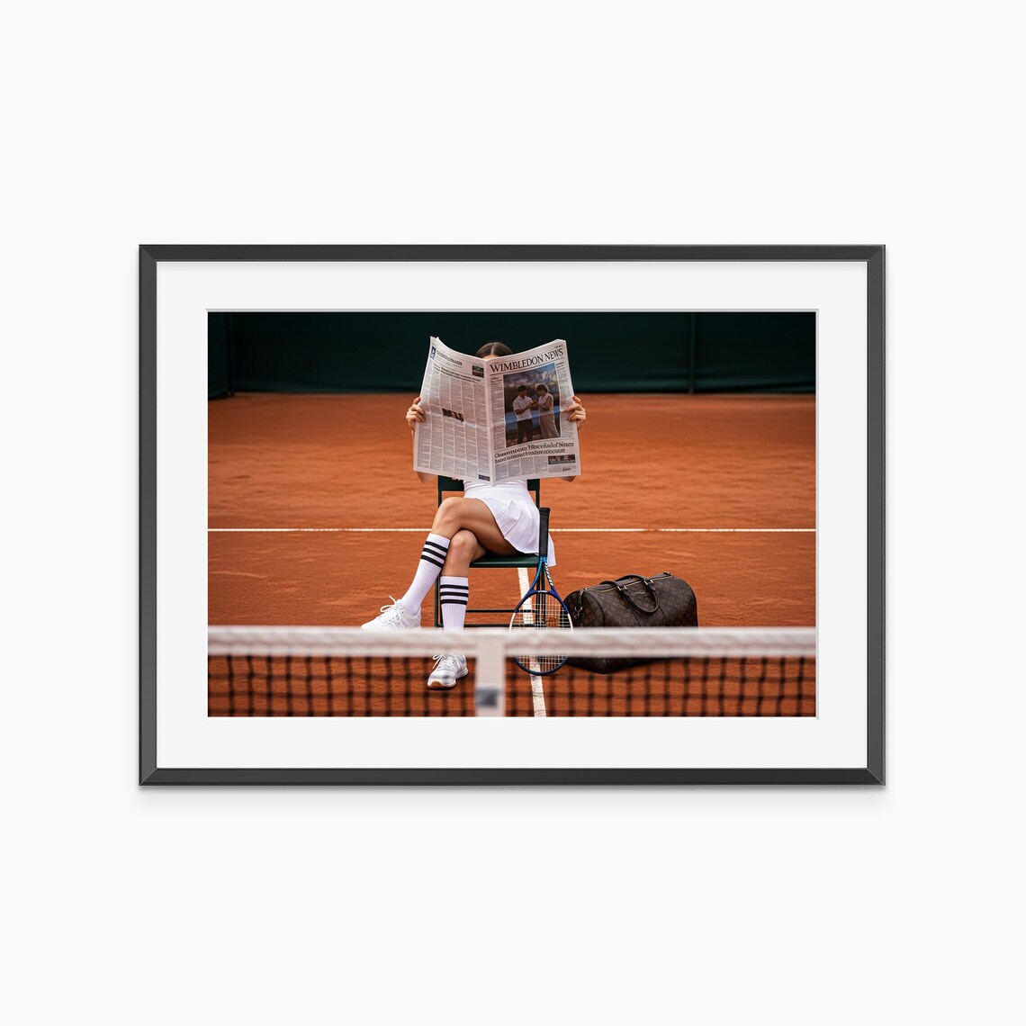 Woman Reading Wimbledon News on Clay Tennis Court Sports Photo Poster