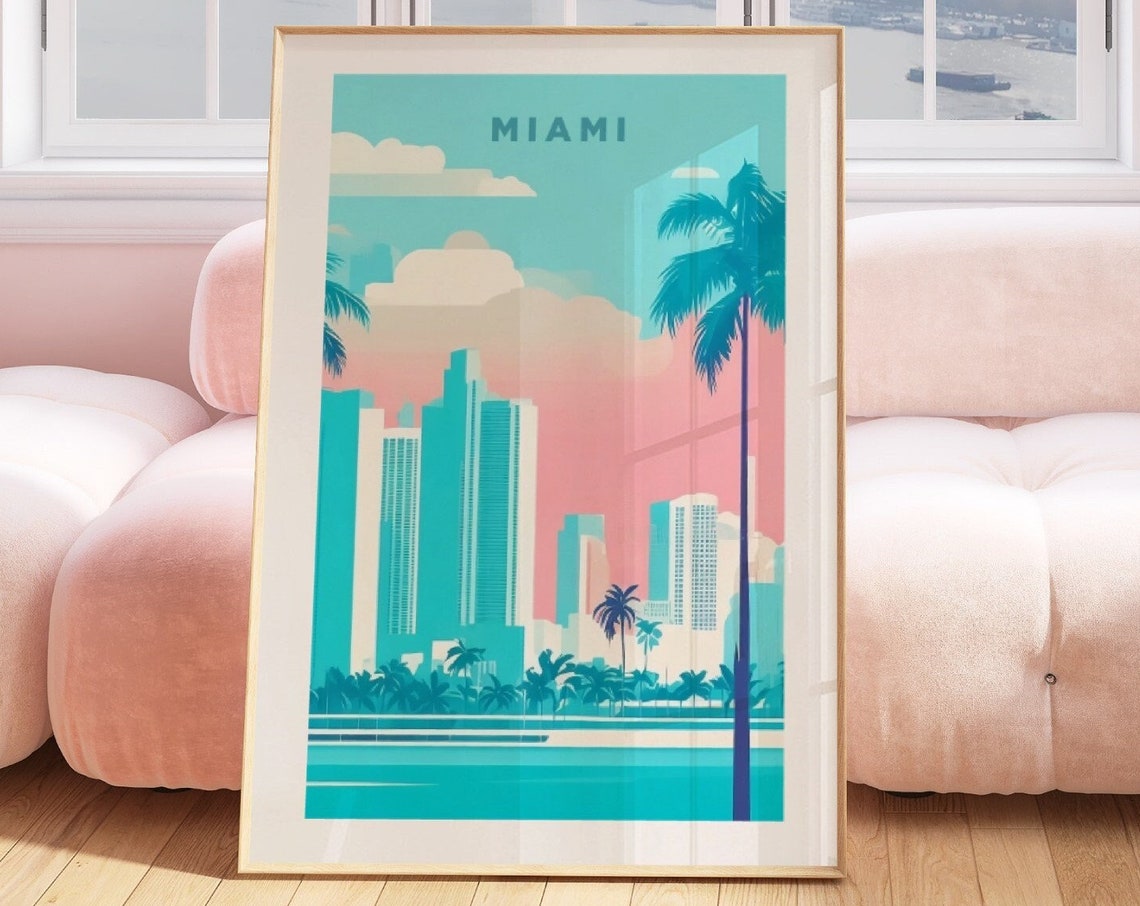 Miami City Travel Print Art Pastel Miami Travel Exhibition Print Trendy Wall Print Miami Poster Travel Posters Usa