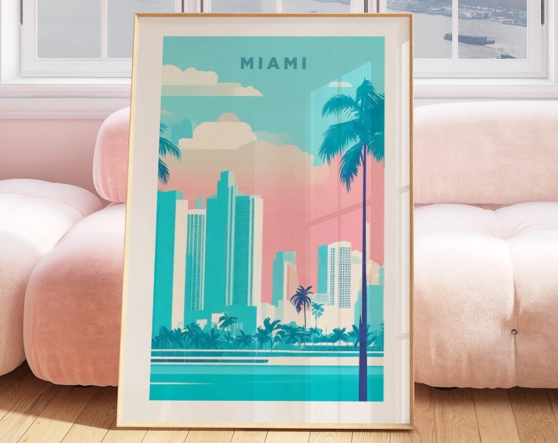 Miami Retro Skyline Palm Tree Pink Teal Sunset Vintage Travel Poster