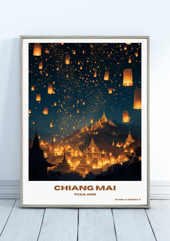 Chiang Mai Lantern Festival Poster Thailand Travel Wall Art Asian Night Sky Print Temple Decor Wanderlust Gift