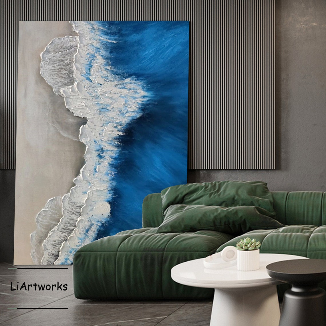 Aerial Ocean Wave Meeting White Sand Deep Blue Water Textured Poster - Image 2