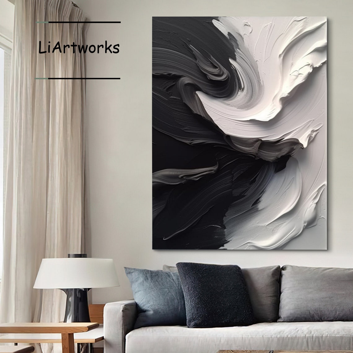 Black and White Circular Swirl Impasto Abstract Bold Modern Art Poster - Image 2