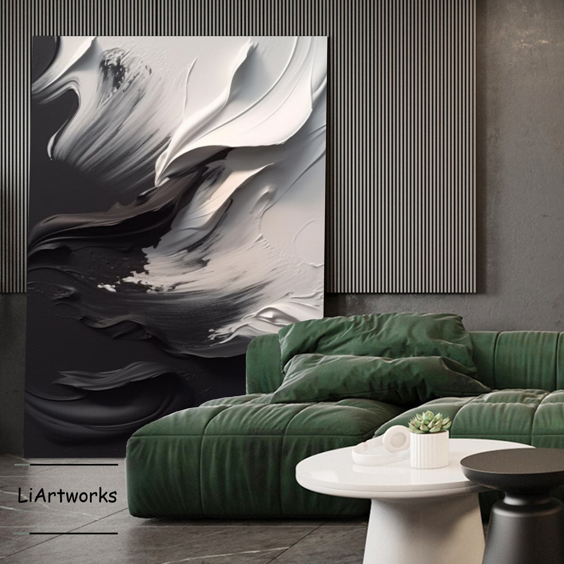 Black and White Flowing Wave Impasto Abstract Elegant Modern Poster - Image 2