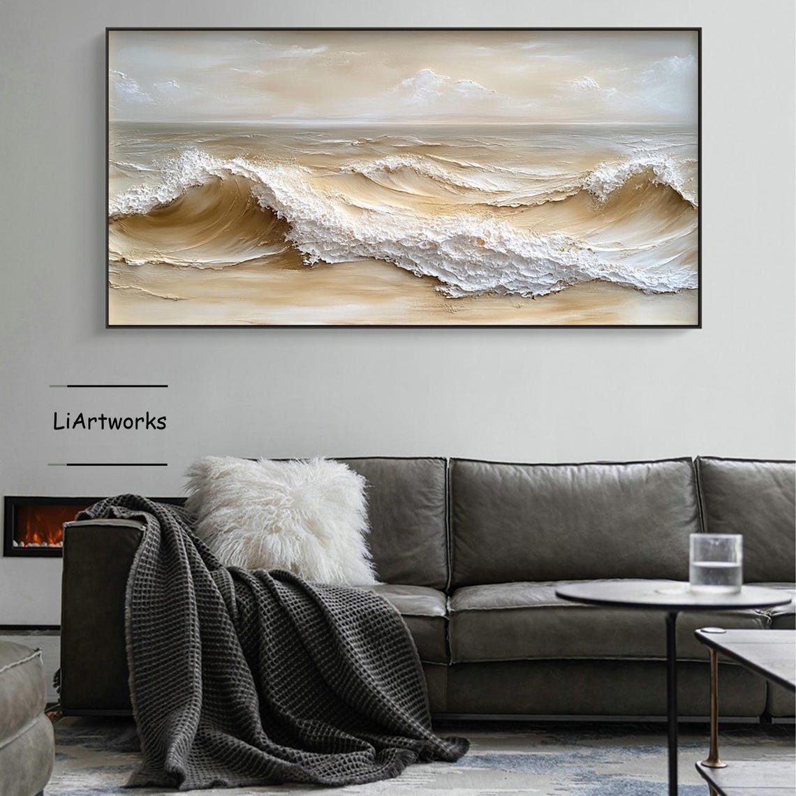 Golden Beach Wave Curling With White Foam Textured Art Poster - Image 4