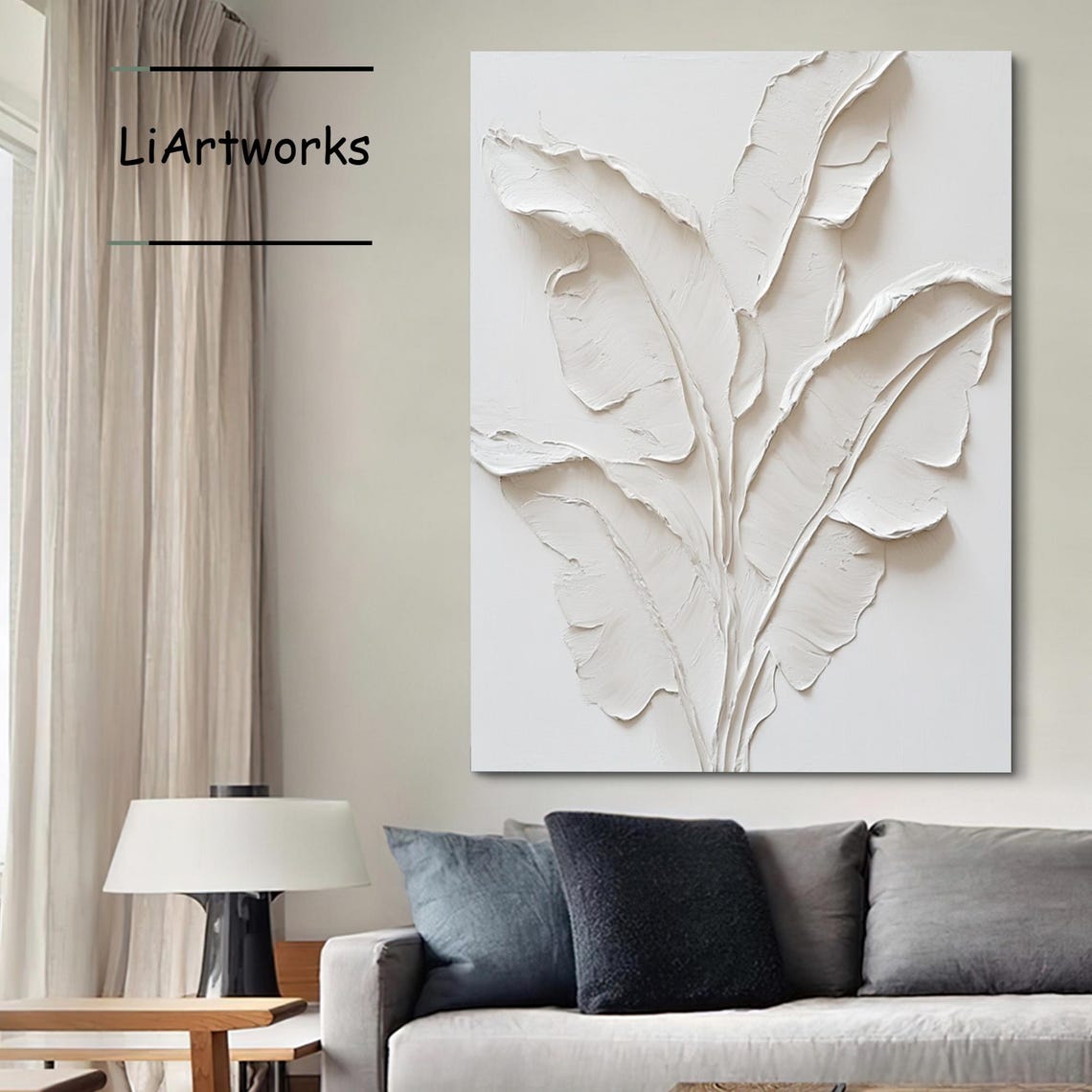 White Banana Leaves in Raised Plaster Relief Botanical Wall Art - Image 3