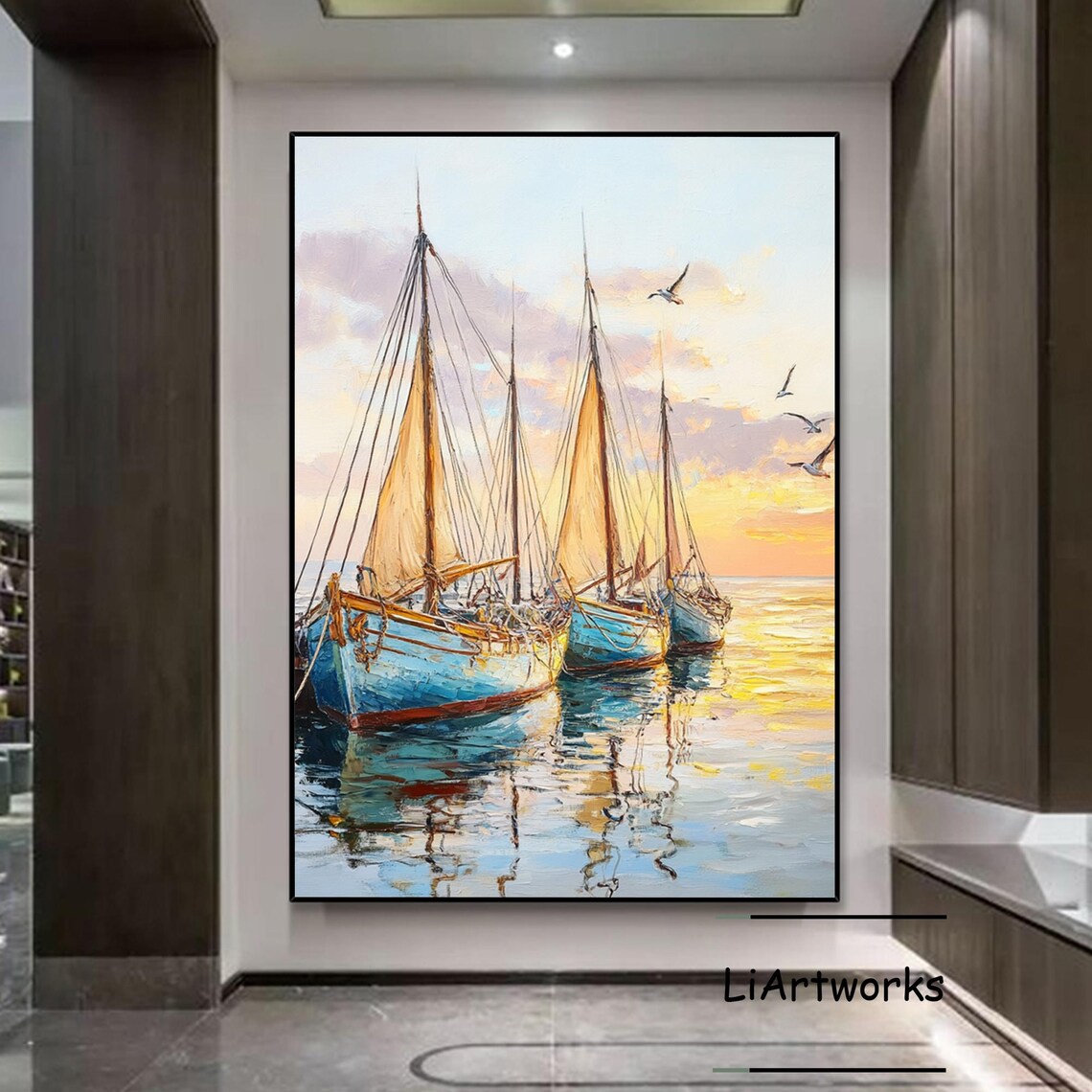 Sailboats at Golden Sunset Harbor With Seagulls Oil Painting Poster - Image 4