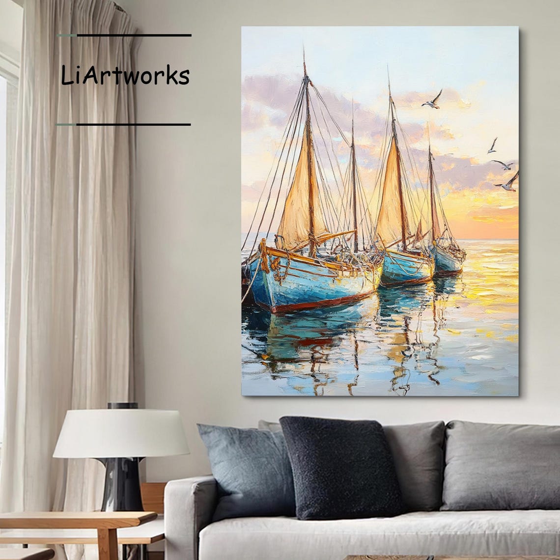 Sailboats at Golden Sunset Harbor With Seagulls Oil Painting Poster - Image 3
