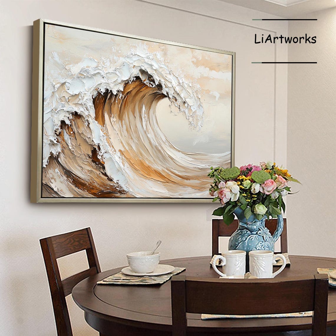Amber Toned Curling Ocean Wave With Thick White Foam Art Poster - Image 3