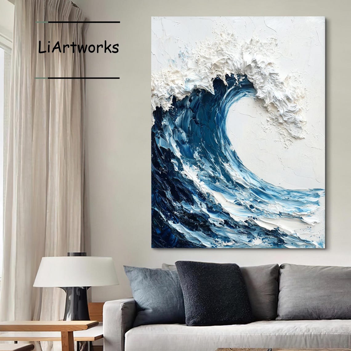 Powerful Curling Blue Ocean Wave White Crest Impasto Art Poster - Image 3