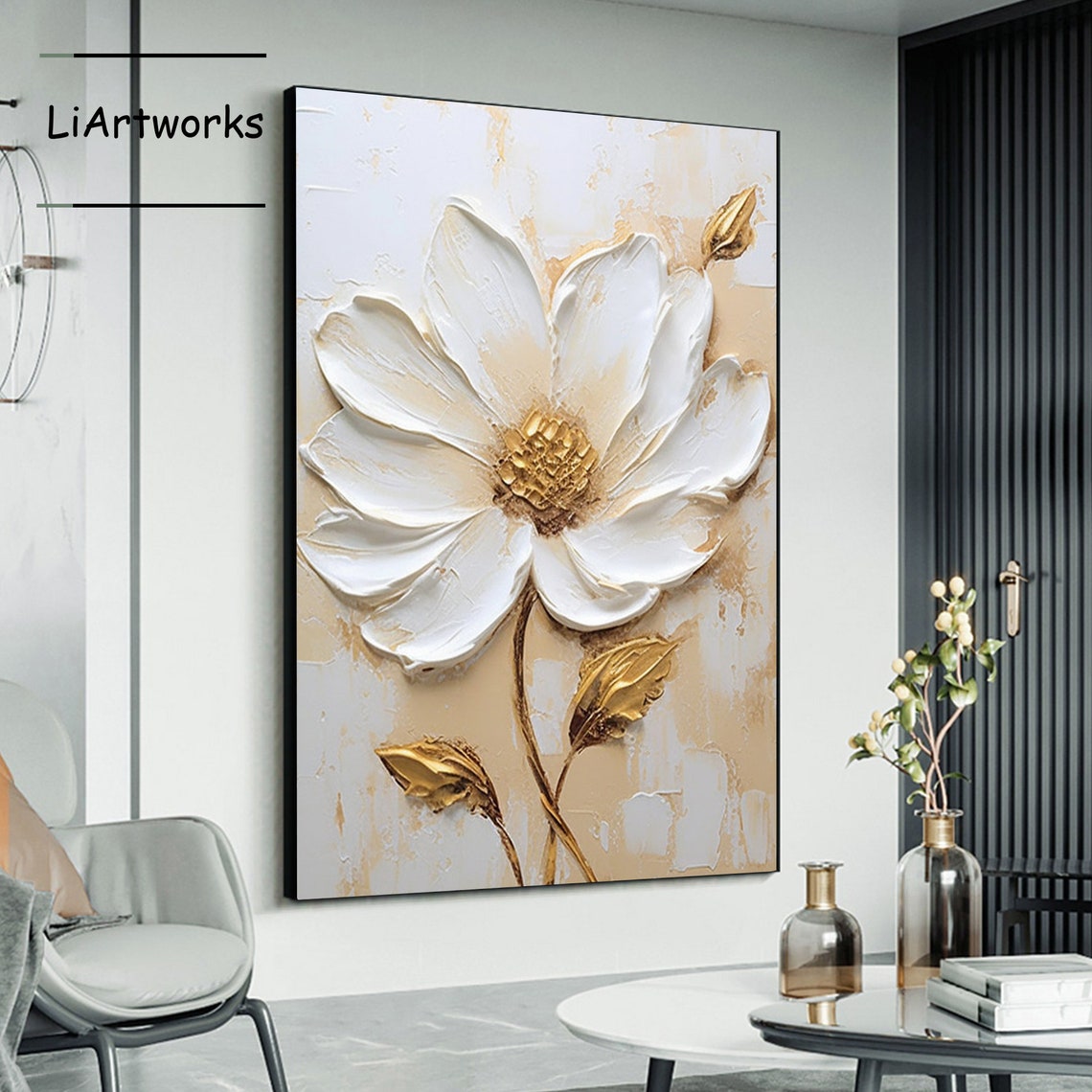 White Flower With Gold Leaves 3D Textured Floral Abstract Poster - Image 4