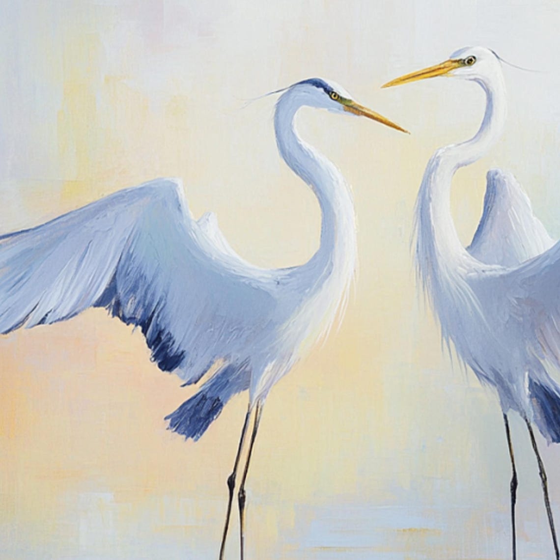 Two White Herons Wings Spread Pastel Water Bird Art Wall Poster - Image 2