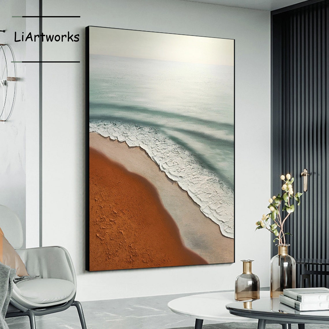 Aerial View of Coastal Waves on Terracotta Sand Textured Ocean Poster - Image 4