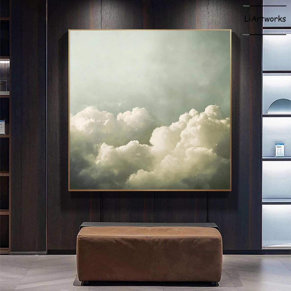 Soft Sage Green Cloudy Sky With Billowing White Clouds Art Poster - Image 2