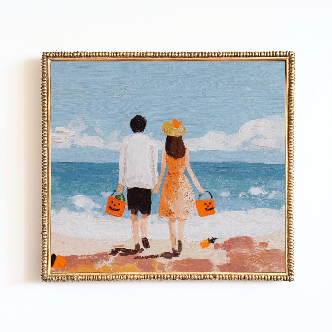 Summerween Beach Couple, Spooky Seaside Halloween Art Print
