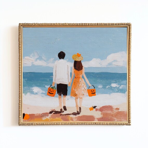 Summerween Beach Couple, Spooky Seaside Halloween Art Print