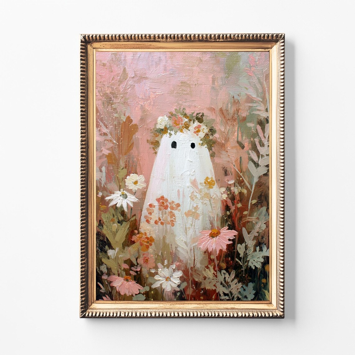 Pink Floral Crown Halloween Art Print, Girly Fall Decor