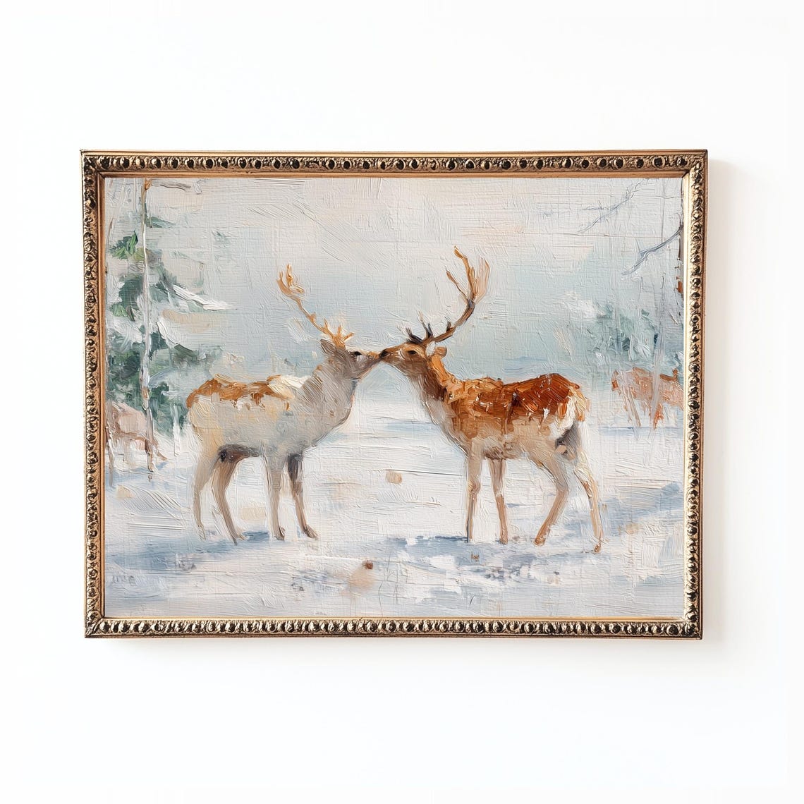 Kissing Deer Winter Snowfall Romantic Vintage Painting Poster