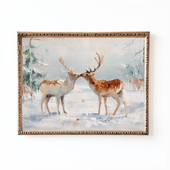 Kissing Deer Winter Snowfall Romantic Vintage Painting Poster