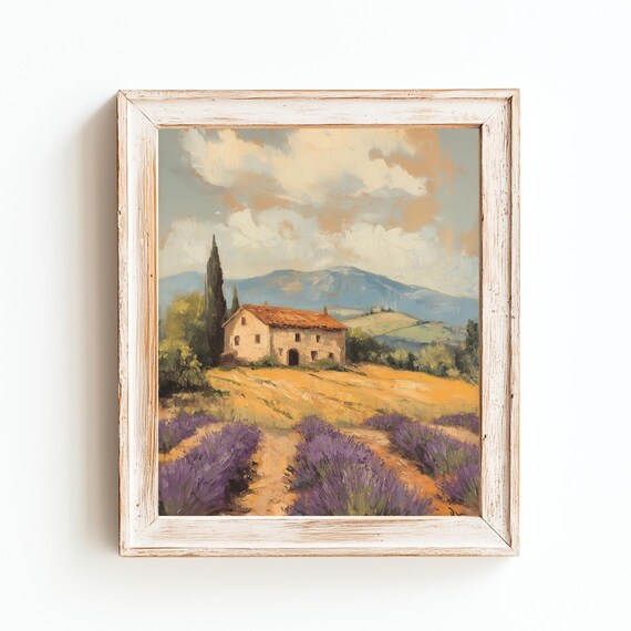 Tuscan Farmhouse Lavender Field Oil Painting Rustic Countryside Poster