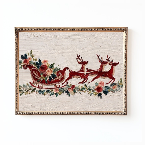 Floral Red Sleigh Reindeer Team Romantic Christmas Holiday Art Print