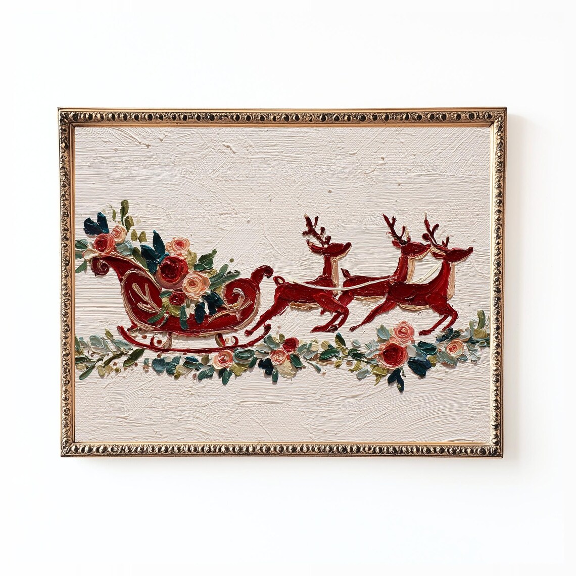 Floral Red Sleigh Reindeer Team Romantic Christmas Holiday Art Print