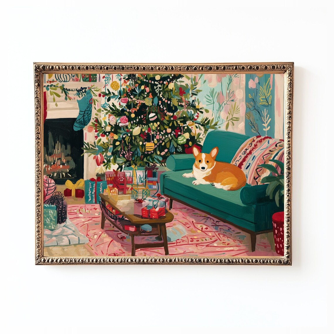 Cozy Corgi Christmas Living Room Colorful Holiday Dog Art Poster