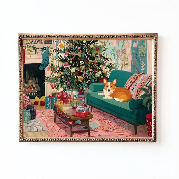Cozy Corgi Christmas Living Room Colorful Holiday Dog Art Poster