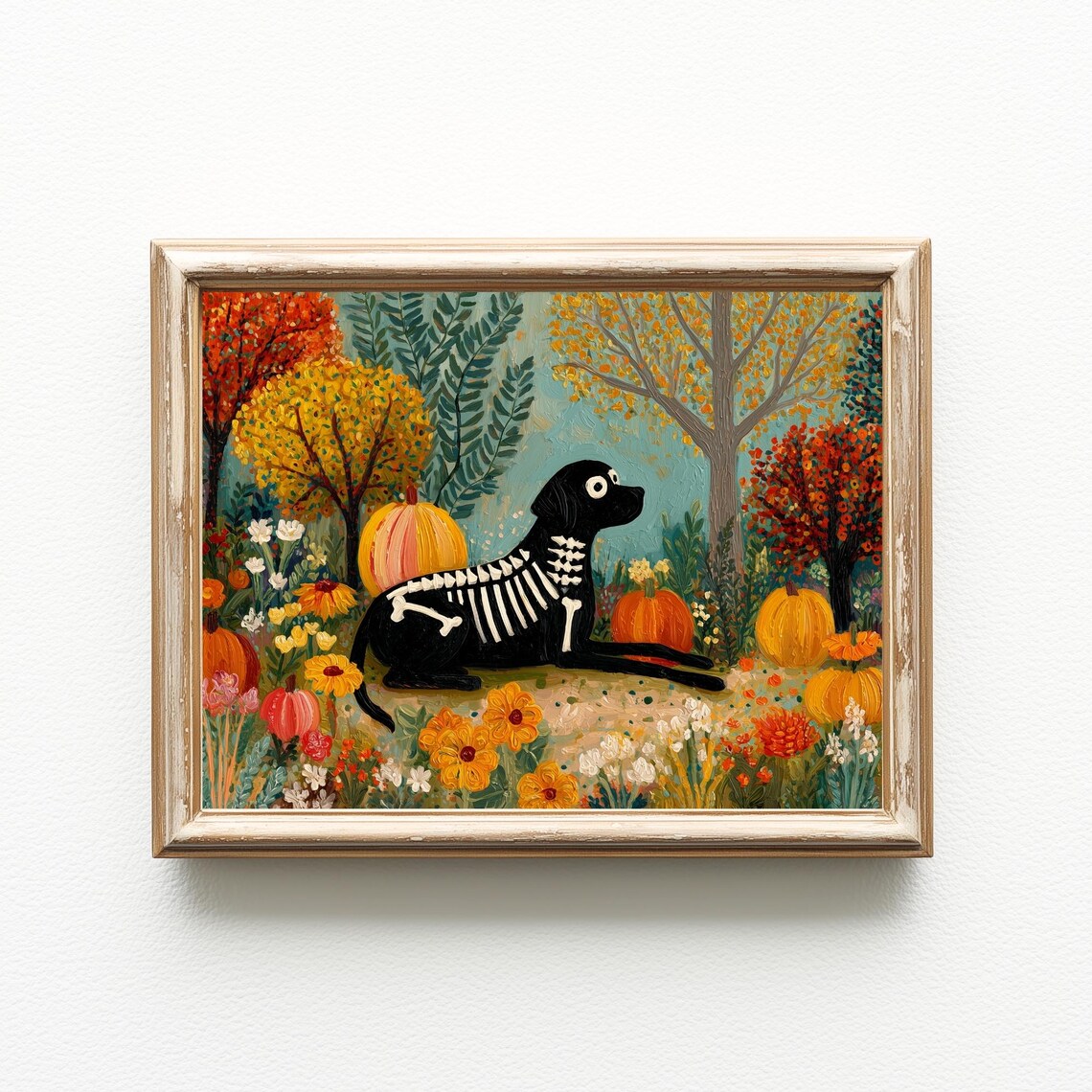 Halloween Labrador Skeleton in Pumpkin Patch Art Print