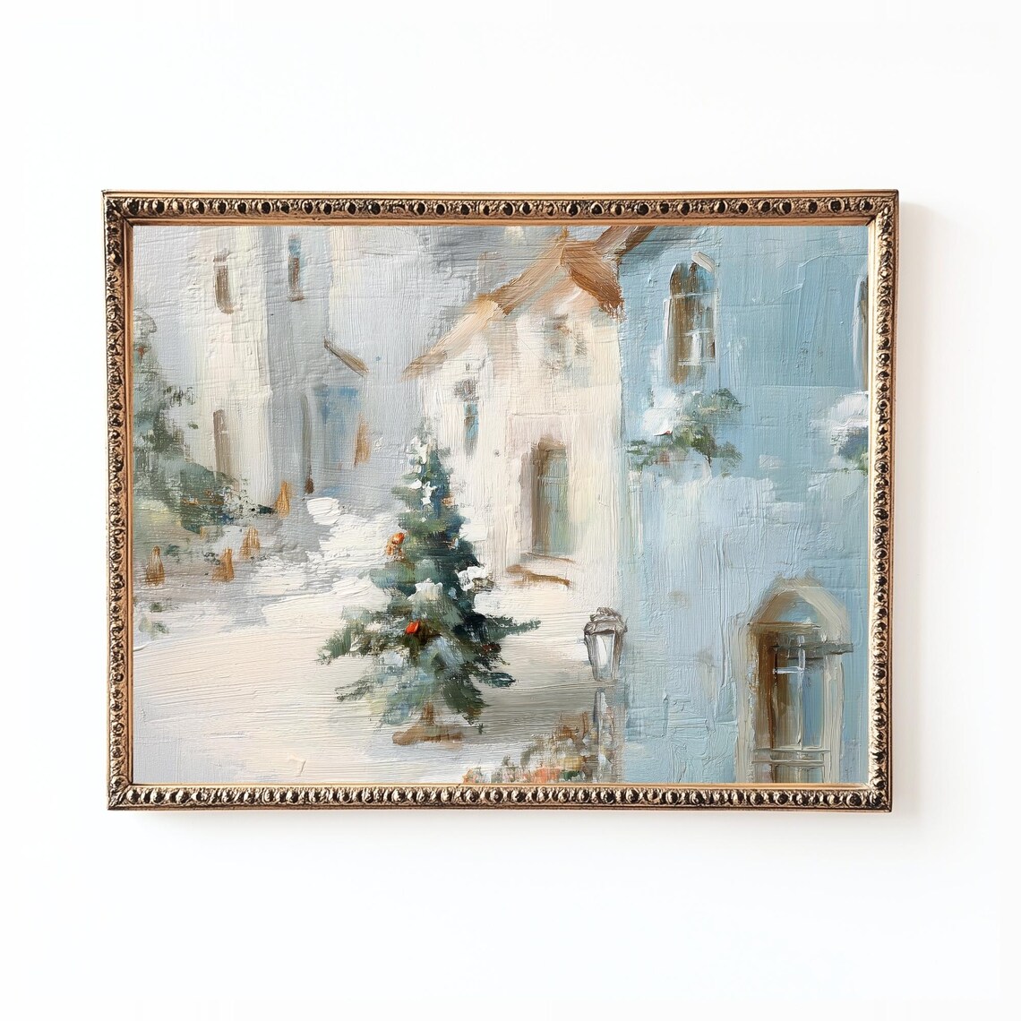 Christmas Village Painting, Winter Cottage Snow Scene