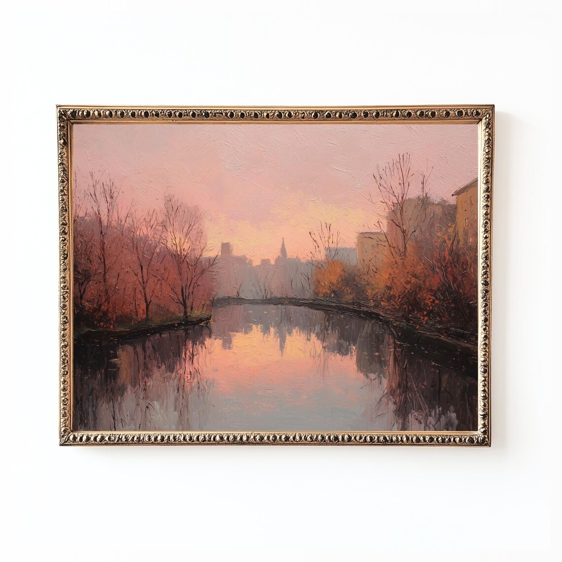 Autumn River Cityscape Art Print Sunset Reflection