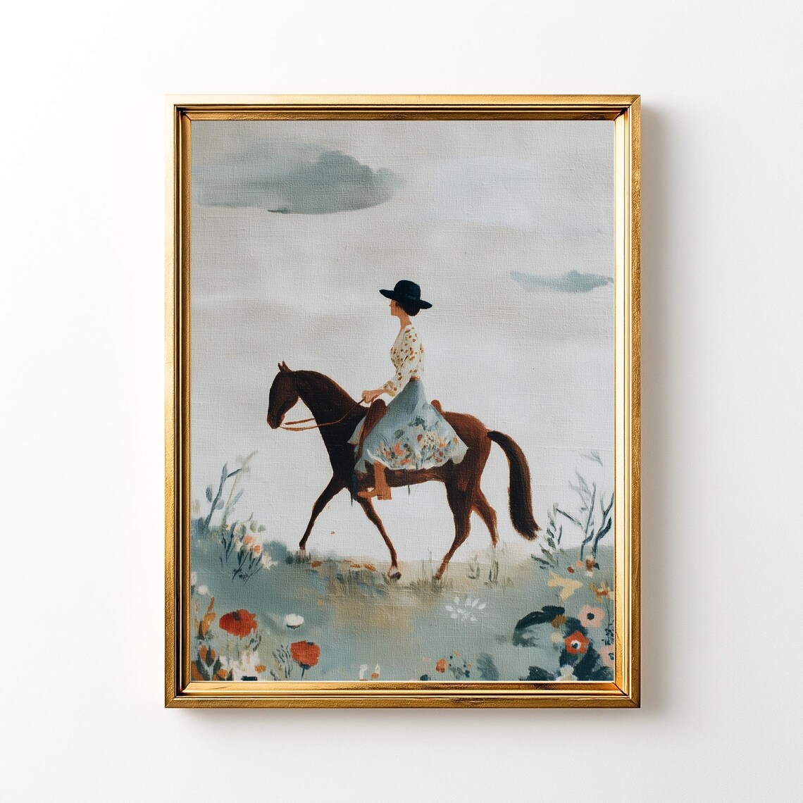 Woman Riding Horse Misty Meadow Watercolor Style Fine Art Poster