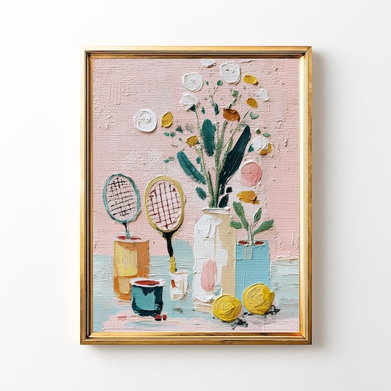 Quirky Tennis Racket Floral Still Life Pink Oil Painting Poster
