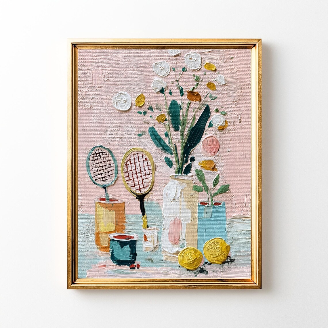 Quirky Tennis Racket Floral Still Life Pink Oil Painting Poster