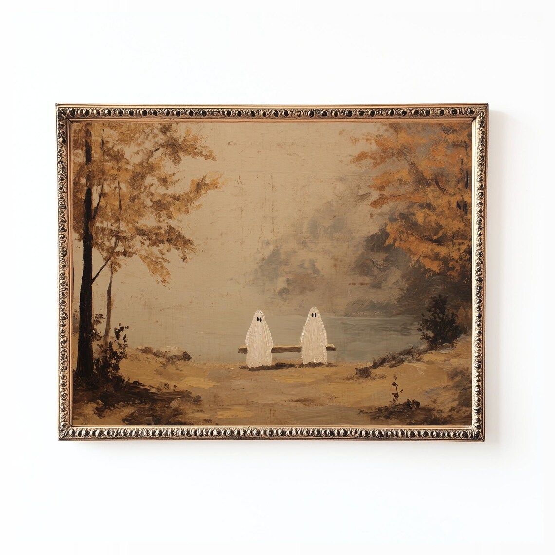 Vintage Halloween Ghost Couple Spooky Autumn Lake Landscape Wall Poster