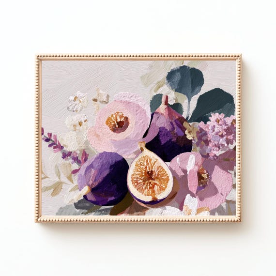 Fig Still Life Painting Purple Figs Blush Blooms Kitchen Wall Art