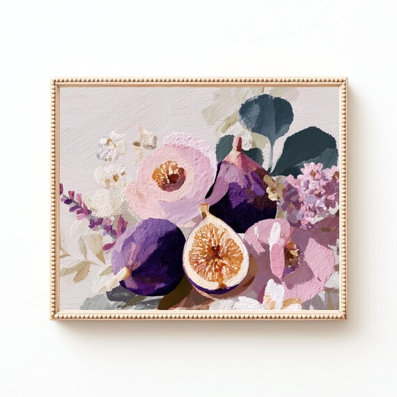 Purple Figs and Blush Blooms Still Life Painting Kitchen Poster